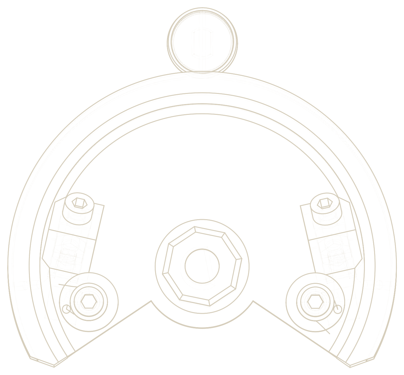 Line drawing of capstan drive v6 from the front: the round capstan at the top, the sector below it with two sleds and the hub.