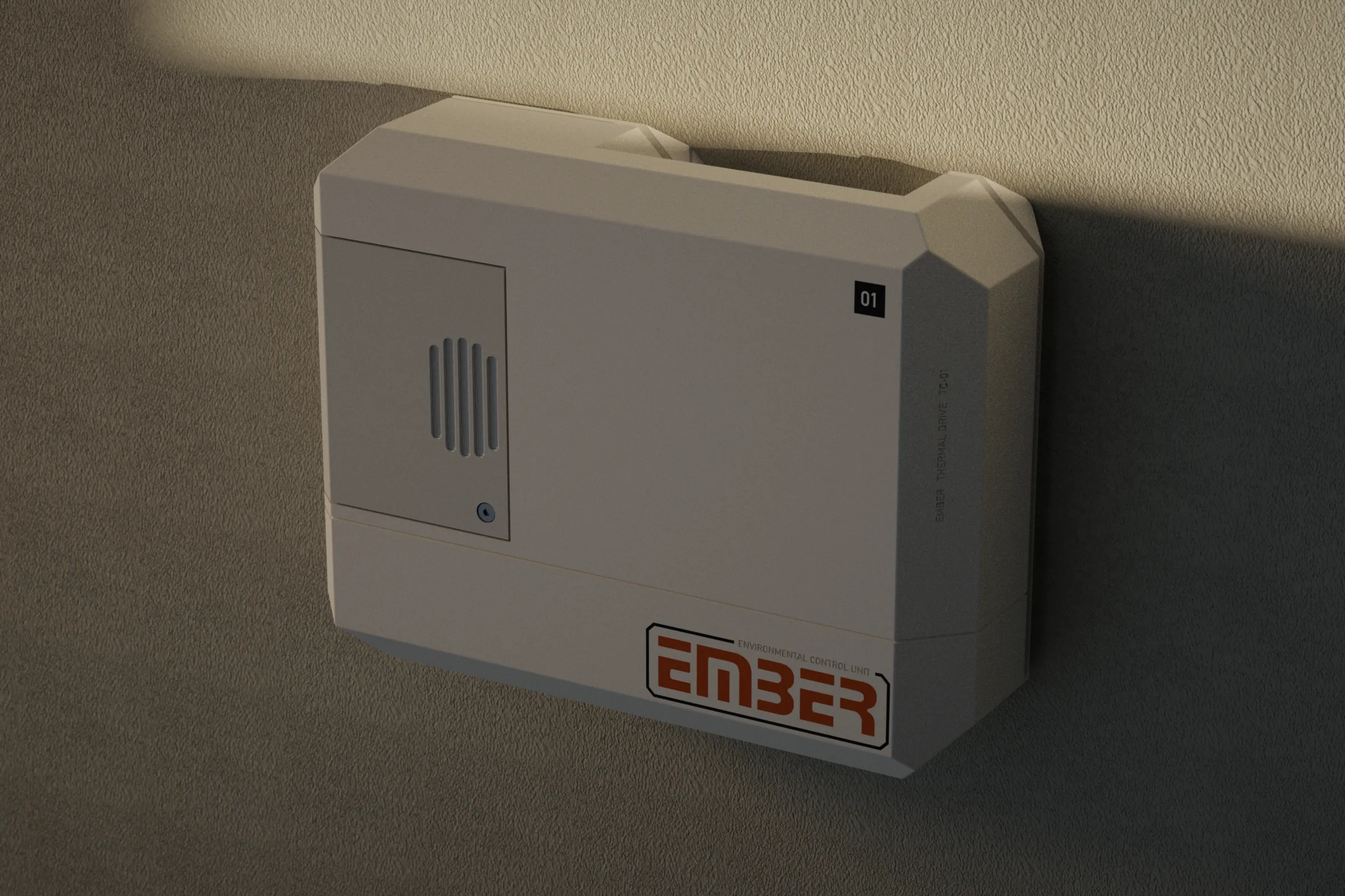 The Ember unit on a wall in warm lamp light and low sun: an off-white faceted case with a black 01 tag and an orange EMBER wordmark in a black frame.
